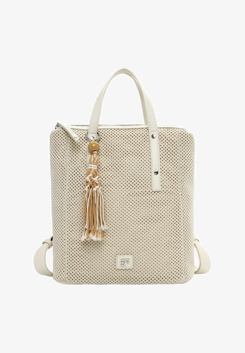 Beige woven backpack with leather handles, a tan braided tassel, silver hardware, and a square logo patch on the front.