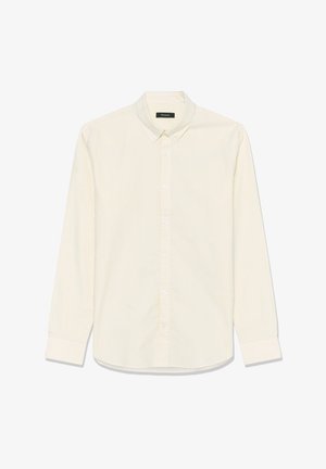 Camicia giallo chiaro con bottoni, strisce verticali sottili, colletto, maniche lunghe, orlo arrotondato e bottoni bianchi. Realizzata in tessuto liscio.