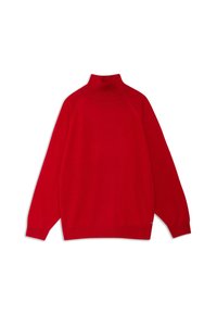 Rode coltrui met lange mouwen, gemaakt van een zachte brei-stof. Bevat een geribde kraag en raglanmouwontwerp.