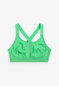 Groene sportbeha met een gladde, rekbare textuur. Kruisbanden en een driehoekig logo-accent. Ontworpen voor sportkleding en comfort.