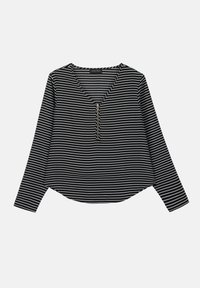 Svart- og hvitstripet langermet topp med V-hals og midt-lukking. Stoffet ser glatt ut, med en avslappet, litt kortere passform.