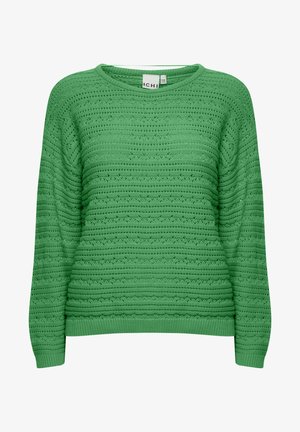 Groene gebreide trui met een gestructureerd gestreept patroon, ronde hals en ribbels aan de mouwen en onderkant. Lichtgewicht en ademend materiaal.