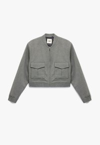 Krótkiej długości szara bomberka z dwoma przednimi kieszeniami, ściągaczami przy mankietach i u dołu, oraz okrągłym dekoltem z zamkiem błyskawicznym z przodu.