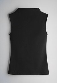 Black sleeveless top with a high neckline, displayed flat against a light background, showing the back side.