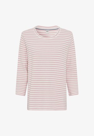 Stribet langærmet top i lys pink og hvid med rund udskæring og blød tekstur. Designet med en afslappet pasform og ¾ ærmer.