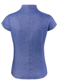 Kurzarm-Hemd mit hohem Kragen aus strukturiertem blauen Stoff. Figurbetonter Schnitt mit einer Naht in der Mitte und geschwungenem Saum.