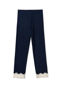 Námořnické modré legíny z měkkého materiálu, se zdobením z krajky s vlnitým okrajem na spodním lemu v kontrastní krémové barvě. Elastický pás pro pohodlí.