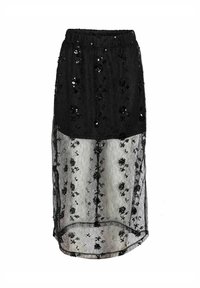 Gonna nera in pizzo con vita elastica, decorata con paillettes e motivi floreali, con una parte inferiore semi-trasparente.