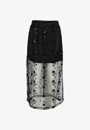 Black lace skirt featuring an elastic waistband, embellished with sequins and floral patterns, with a semi-sheer lower section.