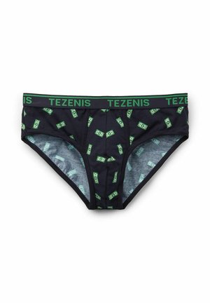 Czarne slipy w zielony wzór dolarów, z zielonym elastycznym paskiem "TEZENIS" oraz miękką, gładką fakturą.