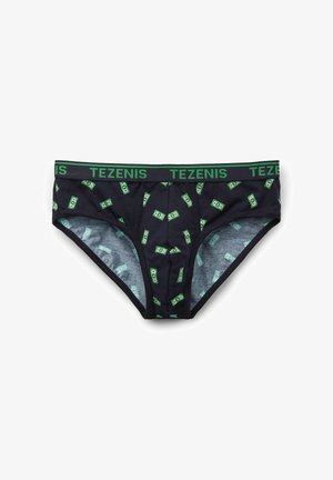 Czarne slipy w zielony wzór dolarów, z zielonym elastycznym paskiem "TEZENIS" oraz miękką, gładką fakturą.