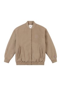 Hellbraune Bomberjacke aus weichem Fleece-Material mit geripptem Saum, zwei Seitentaschen und einem Logopatch am linken Ärmel.