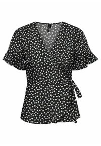 Blusa nera avvolgente con maniche corte arricciate, con un motivo floreale bianco. Realizzata in tessuto leggero con un dettaglio a fiocco in vita.