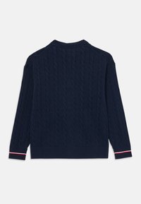 Sweater azul marinho em malha trançada com punhos e bainha canelados, apresentando uma faixa de cor em vermelho e branco na manga.