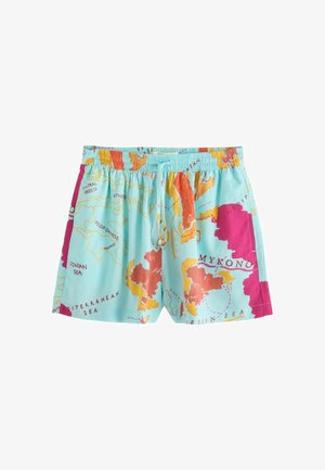 Lyseblå shorts med et farverigt kortprint, der viser græske øer og have, med elastisk taljebånd og snøre.