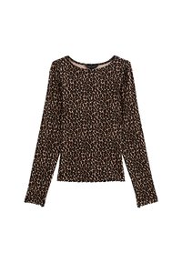 Maglietta a maniche lunghe con scollatura tonda, caratterizzata da un motivo maculato marrone e nero su un tessuto liscio ed elastico.