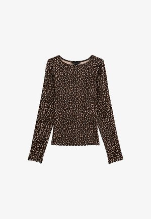 Camiseta de manga larga con escote redondo, que presenta un estampado de leopardo en marrón y negro sobre una tela suave y elástica.