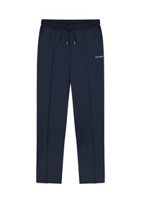 Marineblå sweatpants med elastisk midja, dragsko och sidoseams. Har "LES DEUX" i vit text på vänster ben. Slät tygstruktur.