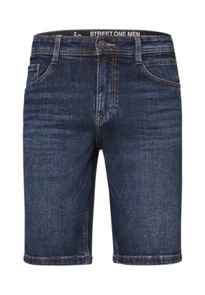 Pantalones cortos de mezclilla azul oscuro para hombre con cierre de botón y cremallera, bolsillos delanteros y trabillas para cinturón, etiquetados como "STREET ONE MEN" en el interior de la pretina.