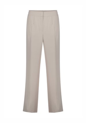 Lichtbeige broek gemaakt van gladde stof, met een rechte pasvorm, twee voorplooien en een tailleband met een discrete sluiting.