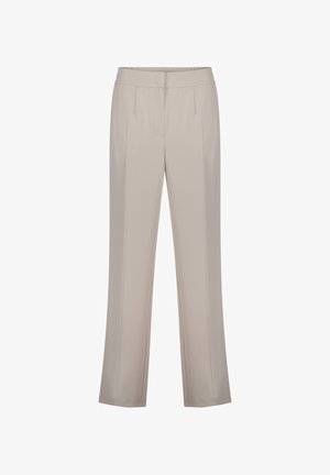 Lichtbeige broek gemaakt van gladde stof, met een rechte pasvorm, twee voorplooien en een tailleband met een discrete sluiting.