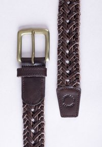 Brown braided leather belt with a rectangular brass buckle, featuring a smooth texture and a branded leather end tab.