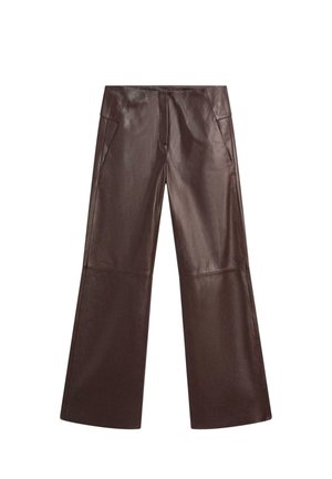 Pantaloni a gamba larga in pelle marrone con una texture liscia, dotati di tasche frontali e una vita sartoriale per un fit strutturato.