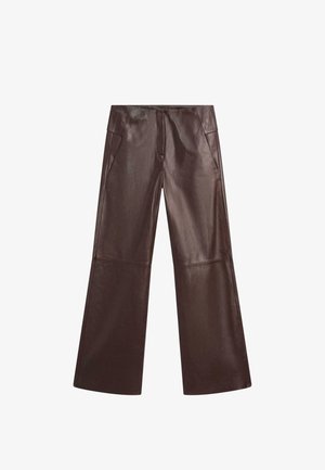 Brown leather wide-leg pants with a smooth texture, featuring front pockets and a tailored waistband for a structured fit.