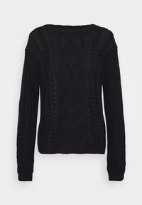 Pull noir en tricot avec un motif torsadé, col rond, manches longues et motifs texturés sur toute la surface.