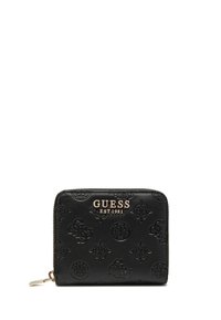 Portafoglio in pelle nera con motivi improntati e logo dorato "GUESS EST.1981". Presenta una chiusura con zip e una superficie testurizzata.