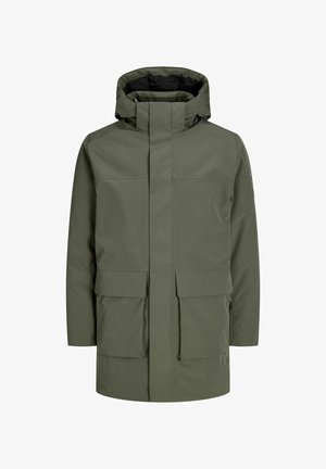 Olive green waterproof parka jacket with a high neck, dual front pockets, and a zip closure. Features a hood and minimalistic design.