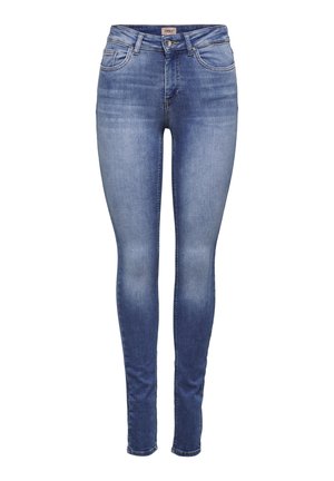 Jeans femininos slim fit azuis com lavagem desbotada, bolsos frontais, fecho de botão e passadores para cinto.
