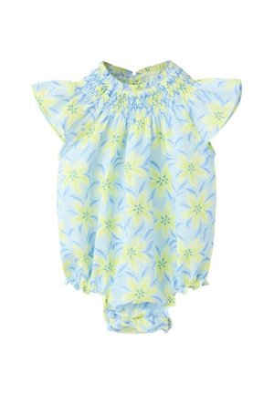 Combinaison pour bébé avec col froncé, manches courtes ballon et jambes élastiquées, arborant un motif floral bleu clair et jaune.