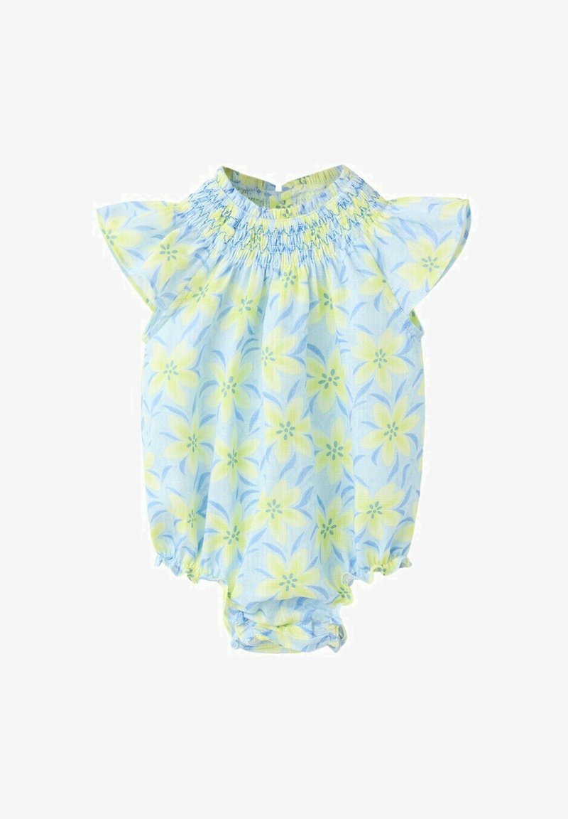 Combinaison pour bébé avec col froncé, manches courtes ballon et jambes élastiquées, arborant un motif floral bleu clair et jaune.