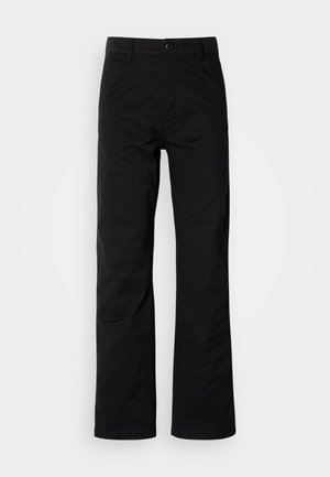 Black cotton pants with a straight-leg design, featuring a button closure and belt loops. Smooth texture and minimalistic style with no visible patterns.