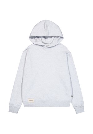 Jasnoszara bluza z kapturem, wykonana z miękkiej bawełny, z kapturem na sznurki, długimi rękawami, ściągaczami przy mankietach oraz małą metką z logo na dole.