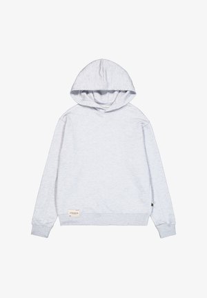 Jasnoszara bluza z kapturem, wykonana z miękkiej bawełny, z kapturem na sznurki, długimi rękawami, ściągaczami przy mankietach oraz małą metką z logo na dole.