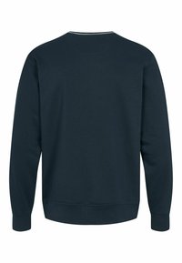 Sweat-shirt bleu marine foncé à manches longues et col rond, avec poignets et ourlet côtelés, vu de dos sur un fond blanc.