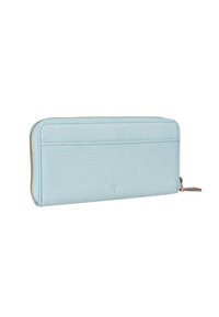 Portafoglio di pelle blu chiaro con finitura testurizzata, chiusura a zip e design semplice. Presenta una fessura per carte sul retro e un tirazip in metallo.