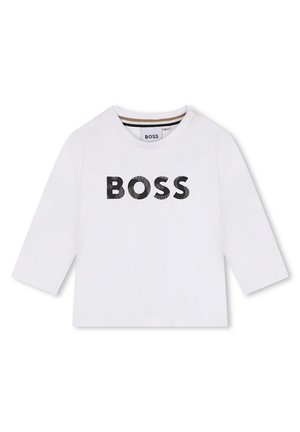 T-shirt en coton blanc à manches longues avec un grand logo noir "BOSS" à l'avant, doté d'un col rond et d'un détail de bouton à l'épaule.