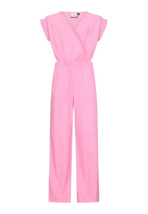 Jumpsuit in cotone rosa con design avvolgente, maniche corte e vita elasticizzata, dotato di pantaloni a gamba larga e un discreto dettaglio del logo.