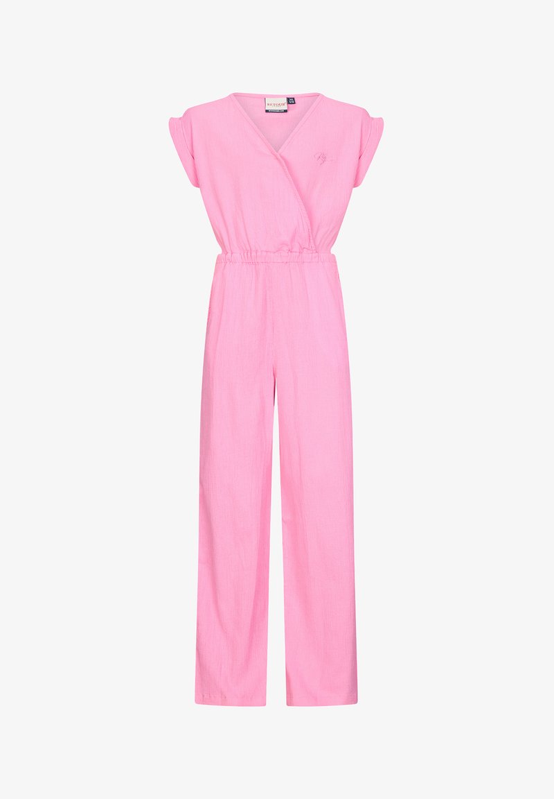 Roze katoenen jumpsuit met een wikkelontwerp, korte mouwen en een elastische taille, met wijde pijpen en een subtiele logodetail.
