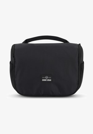 Borsa a tracolla nera con tessuto texturizzato, dotata di manico superiore, chiusura con zip e patch logo sul davanti. Forma compatta e rettangolare.