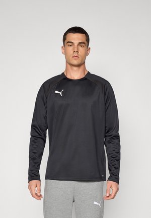 Zwarte lange mouwen sportshirt met een ronde hals, gemaakt van een gladde stof. Heeft een wit Puma-logo op de borst en gestructureerde schouderpanelen.