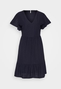 Marineblaues Kurzarmkleid mit V-Ausschnitt, Spitze mit Lochmuster, figurbetonter Taille und Rüschensaum, knielanges Design.
