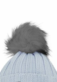 Light blue knitted beanie with a gray faux fur pom-pom on top. The design features ribbed texture and a snug fit.