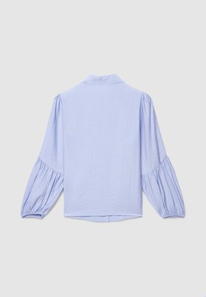Light blue long-sleeve blouse with gathered puff sleeves, elastic cuffs, and a high collar shown from the back on a plain background.