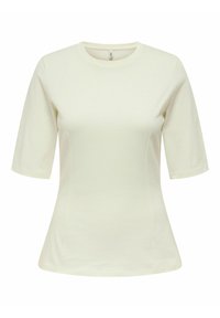 T-shirt crème clair à manches courtes en mélange de coton doux. Doté d'un col rond et d'une coupe ajustée avec des coutures latérales discrètes.