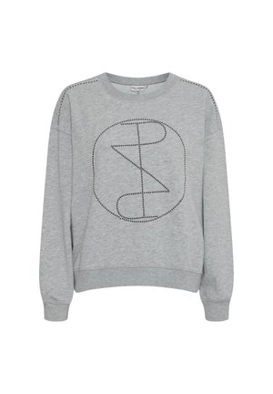 Sivina trenirka z okroglim izrezom, dolgimi rokavi in okroglo stotasto podrobnostjo z žebljički na sprednji strani. Mehka tekstura, sproščen dizajn, rebrasti manšeti.