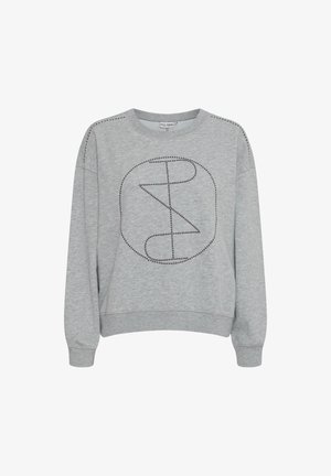 Sivina trenirka z okroglim izrezom, dolgimi rokavi in okroglo stotasto podrobnostjo z žebljički na sprednji strani. Mehka tekstura, sproščen dizajn, rebrasti manšeti.